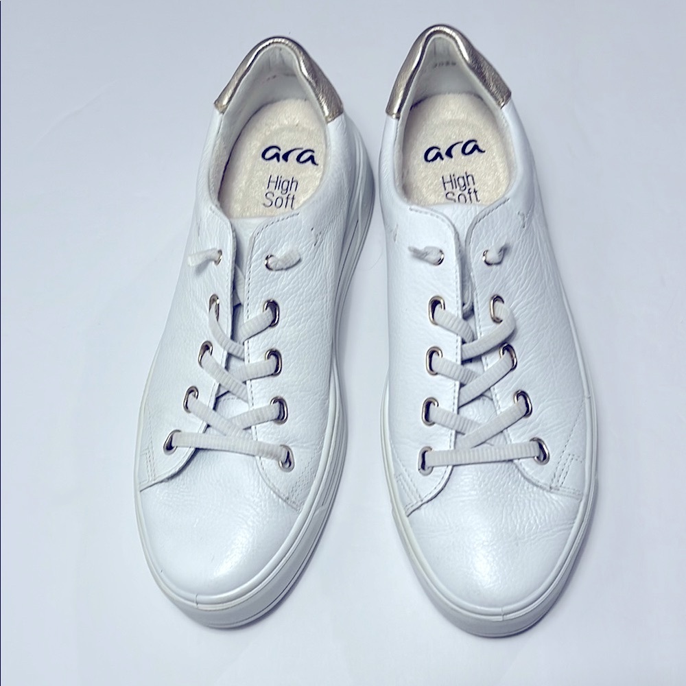 Ara Women's Crystal Sneaker White Calf - White Leather with Gold Accents